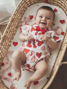 Baby Boy Valentine's Day Romper Short Sleeve Heart Print Bow Tie Button-down Summer Bodysuit - Rosa - Ver 5