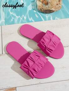 Sandálias rasteiras femininas retrô com bico quadrado e franzidas, estilo férias de verão, sandálias deslizantes de PU fúcsia - Rosa Quente - Ver 4