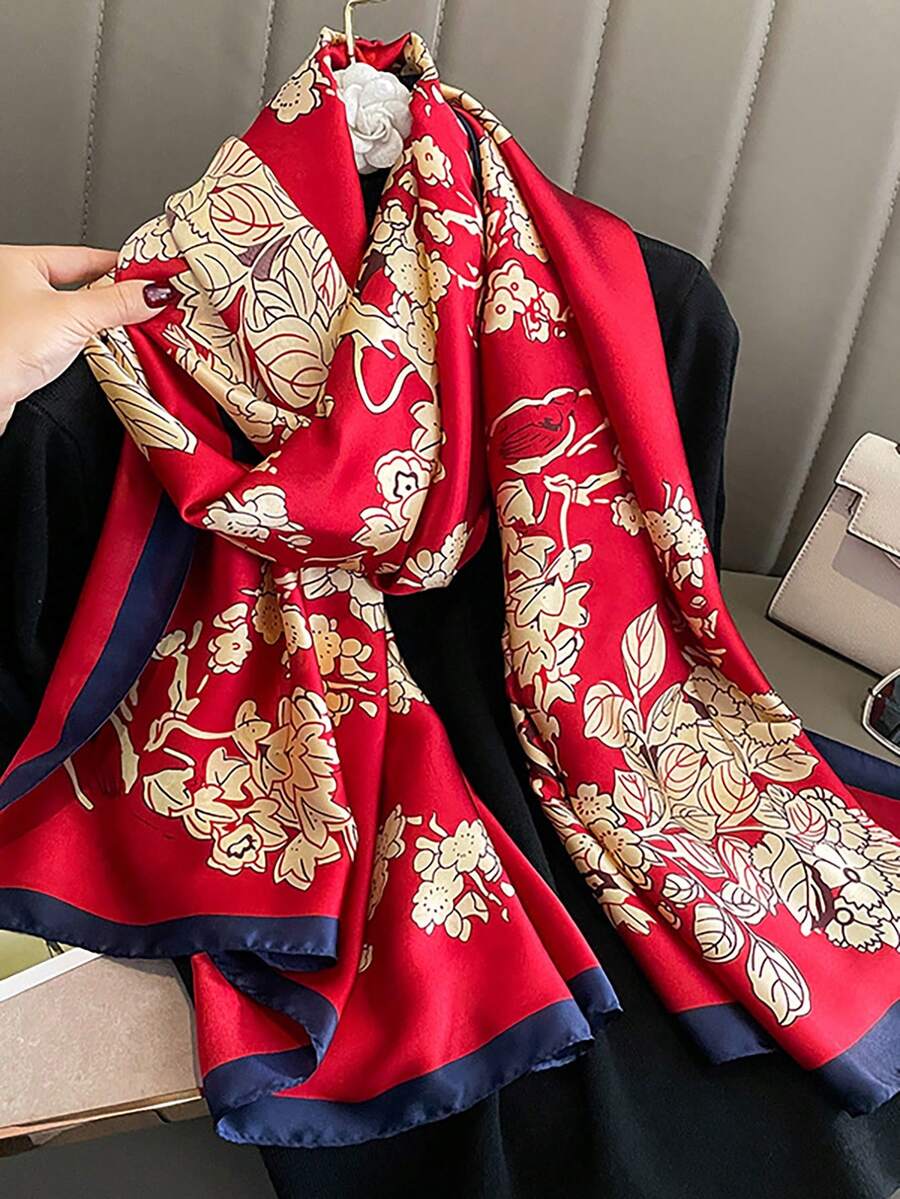 1pc Women's Silky Floral Print Long Scarf - Red - View 1