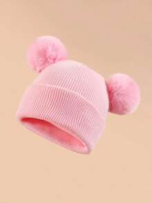 1/2/3pcs Kids Winter Hat Toddler Knitted Beanie With Faux Fur Pom Poms For Baby Girls Boys - Double Wool Ball Hat - View 14