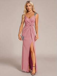 EVERPRETTY Elegant & Charming V-Neck Sleeveless High Slit Waist Ruched Sequin Formal Evening Gown, Suitable For Formal Occasions Like Balls, Galas, Graduation Parties - Pink - View 6