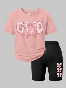 2pcs Set Manis untuk Anak Perempuan, Kaos dan Celana Pendek dengan Pita dan Huruf, Kain Lembut dan Nyaman, Set Remaja untuk Sehari-hari di Kampus Musim Panas - Berwarna merah muda - View 2