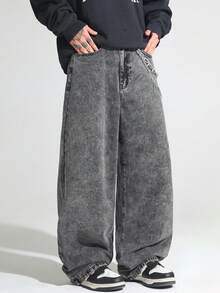 1件 Justice Brother 复古水洗刺绣阔腿牛仔裤，宽松休闲舒适百搭男士牛仔裤，街头风（不含腰带/配饰） - 灰色 - 查看 1