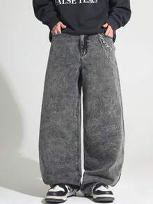 1件 Justice Brother 复古水洗刺绣阔腿牛仔裤，宽松休闲舒适百搭男士牛仔裤，街头风（不含腰带/配饰） - 灰色 - 查看 3