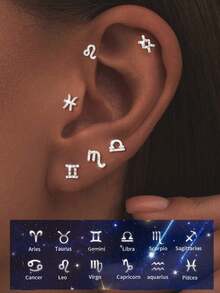 1只S925纯银单颗耳钉，十二星座图案，送给女友/闺蜜的完美礼物，圣诞节理想之选