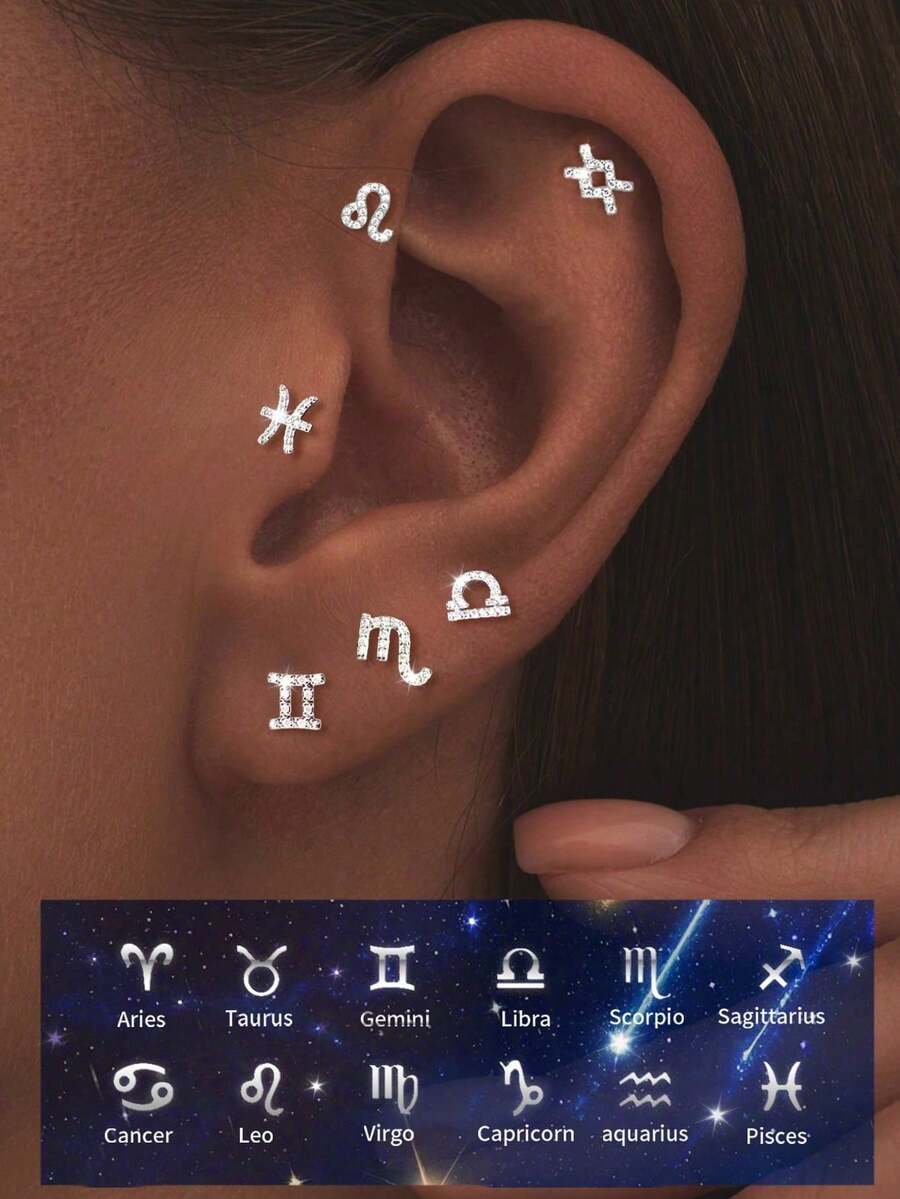 1只S925纯银单颗耳钉，十二星座图案，送给女友/闺蜜的完美礼物，圣诞节理想之选