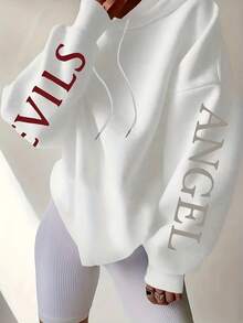 Women's Letter & Wing Print Drop Shoulder Casual Sweatshirt Sweatshirt - White - View 2