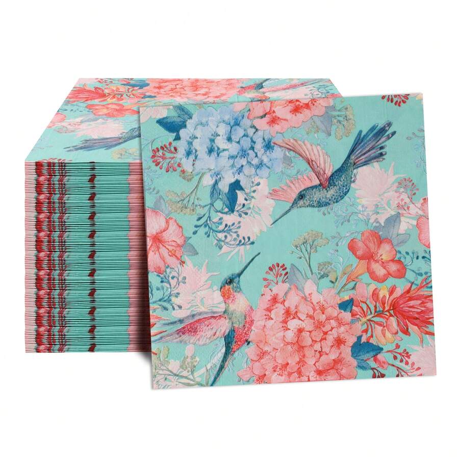 20张/40张/60张/套 柔软方形绿色花卉喜鹊图案餐巾，双层，展开尺寸33厘米*33厘米，适用于：婚礼、下午茶、生日派对装饰、派对装饰、派对用品、节日装饰、节日用品