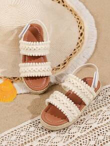 1双女童双带编织复古简约时尚沙滩凉鞋，适合夏季度假 - 杏色 - 查看 3