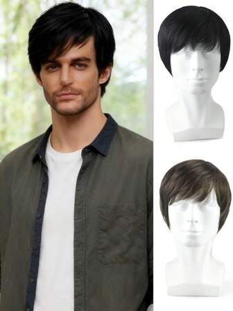 6-Inch Men's Short Wig - Made Of Synthetic Heat-Resistant Fiber, European & American Style, Available In Brown And Black, Suitable For Daily And Business Occasions