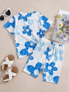 2pcs/Set Girls Casual Cartoon Flower & Letter Print Decorated Short Sleeve Top And Bermuda Shorts, Summer - Blue - View 2
