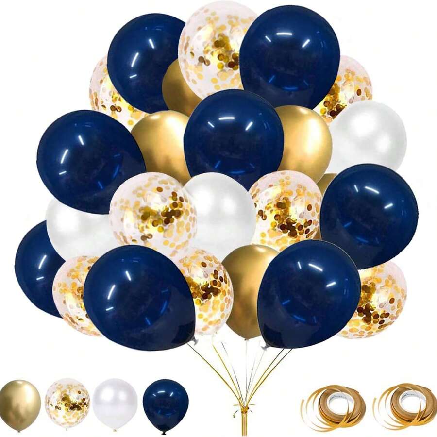 Flow.Month 60pcs Balloon Set - 10-Inch Deep Blue, Gold Metallic, White Latex Balloons And Foil Confetti Balloons, Suitable For Weddings And Birthday Parties - Multicolor - View 1
