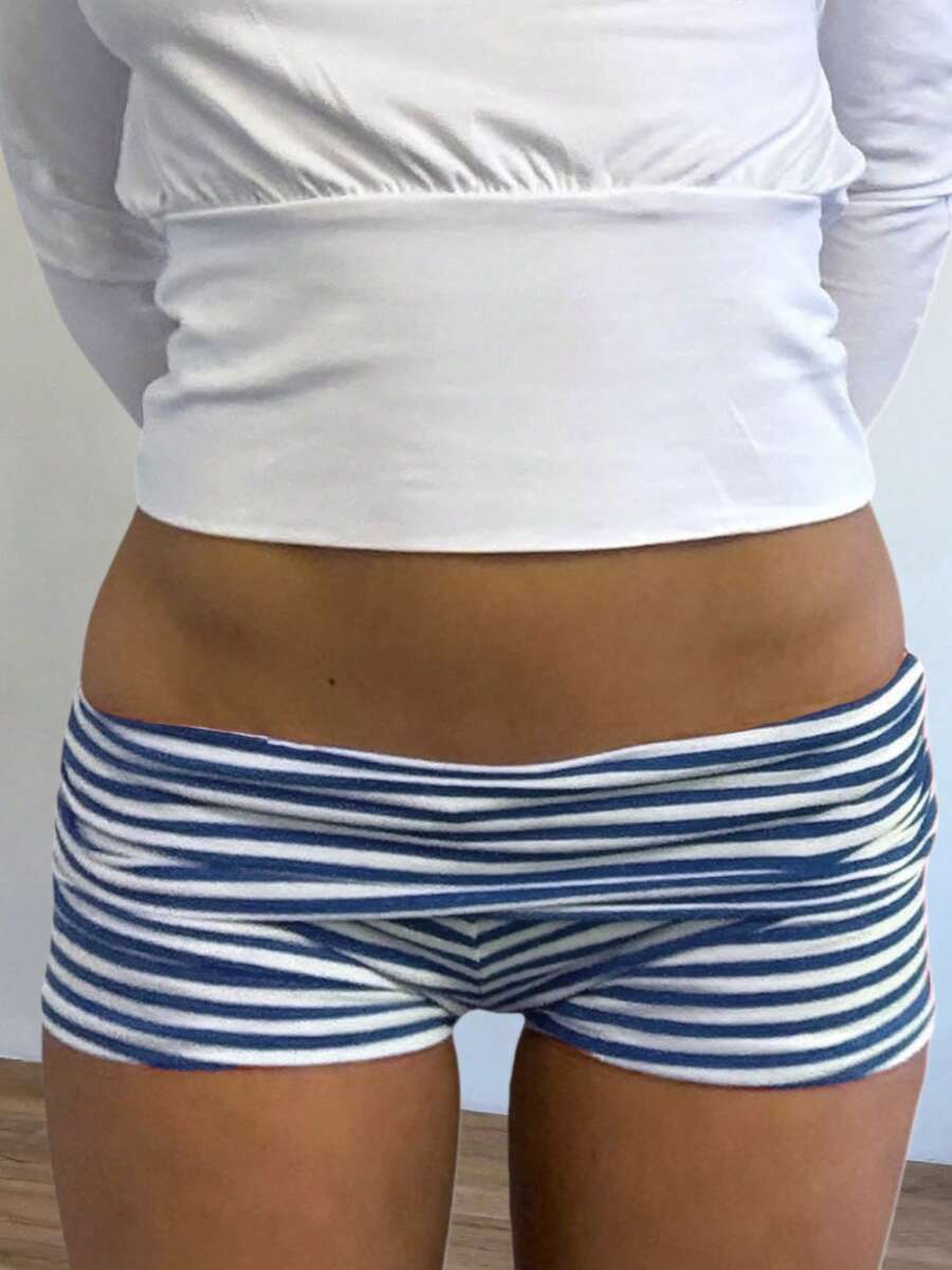 Womens Fold Over Yoga Shorts Dot/Stripe Low Rise Elastic Waist Y2k Lounge Shorts Foldover Cute Skinny Pajama Micro Bottoms Mini Shorts Sleepwear - 藍色 - 查看 1