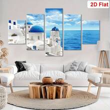 2D Flat, 5pcs Santorini & Blue Ocean Seagull Framed Canvas Art Set, White & Blue Aegean Sea Canvas Prints Wall Art, Modern Coastal Style Wall Decor, Suitable For Living Room, Bedroom, Office, Framed Landscape Painting, Ideal Holiday Gift, Coastal Home Decor - Multicolor - View 5