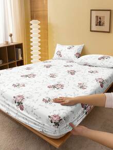 1件白色底浅粉色玫瑰图案床笠，树枝图案床垫保护套，情人节床垫罩，床单，柔软透气，适用于各种尺寸的床——单人床、双人床、特大号床、大号床，深口袋设计，最大可达11.8英寸，植物花卉图案床单，透气防皱，提升睡眠质量，可机洗，时尚现代风格 - 淺粉色 - 查看 2