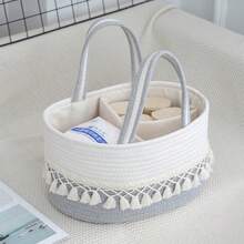 1pc Handmade Large Baby Diaper Basket, Toy Storage Bin, Woven Divided Portable Tote With Tassels - Multicolor - View 8