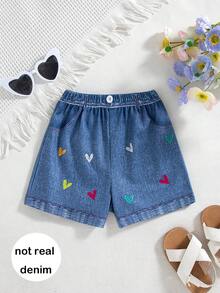 Shorts Casuais Femininos com Estampa de Coração Decorativa, Verão - Azul - Visão 1