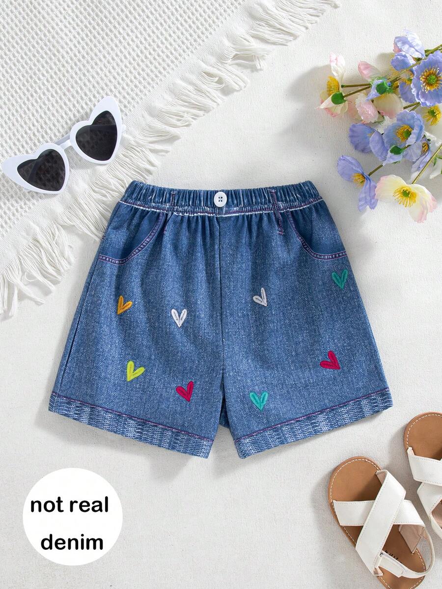 Shorts Casuais Femininos com Estampa de Coração Decorativa, Verão - Azul - Visão 1
