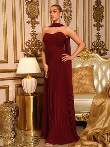 New Women's Wine Red Strapless Sexy Patchwork Pleated Dress Elegant Wedding Bridesmaid Dress Anniversary Christmas Party Dress