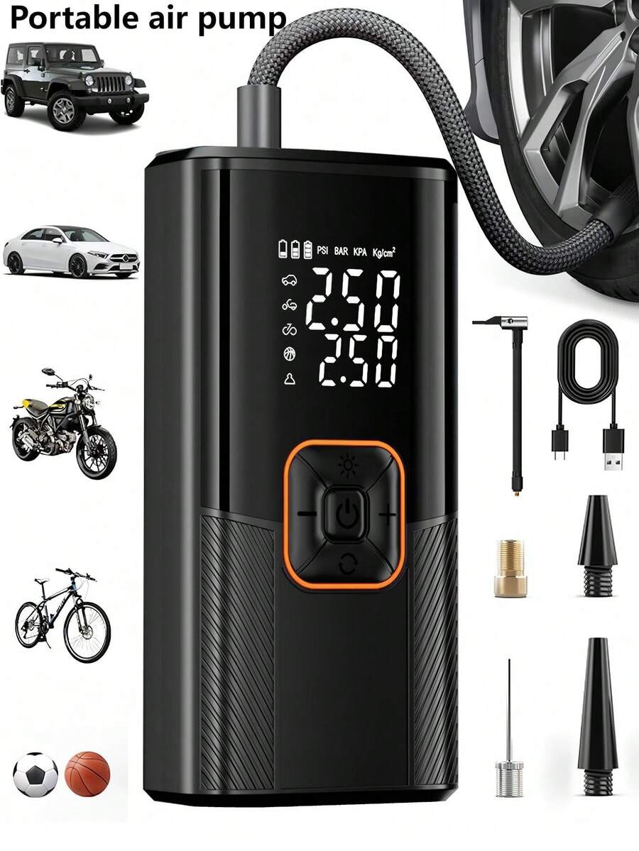 Portable Car Air Pump With LED Light And Multiple Nozzle Accessories, Suitable For Cars, Motorcycles, Bicycles, Basketballs And More