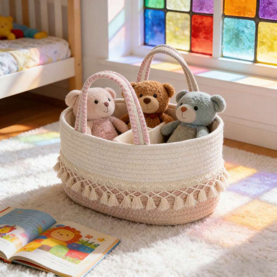 1pc Handmade Large Baby Diaper Basket, Toy Storage Bin, Woven Divided Portable Tote With Tassels