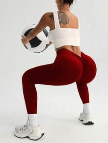 1件装加大码性感健身V腰聚拢露背时尚简约提臀跑步稳定休闲高端基础款显瘦拉长腿蜜桃臀优雅低调奢华经典复古户外运动高弹瑜伽紧身裤 - 适合日常穿着 - 紅色 - 查看 3