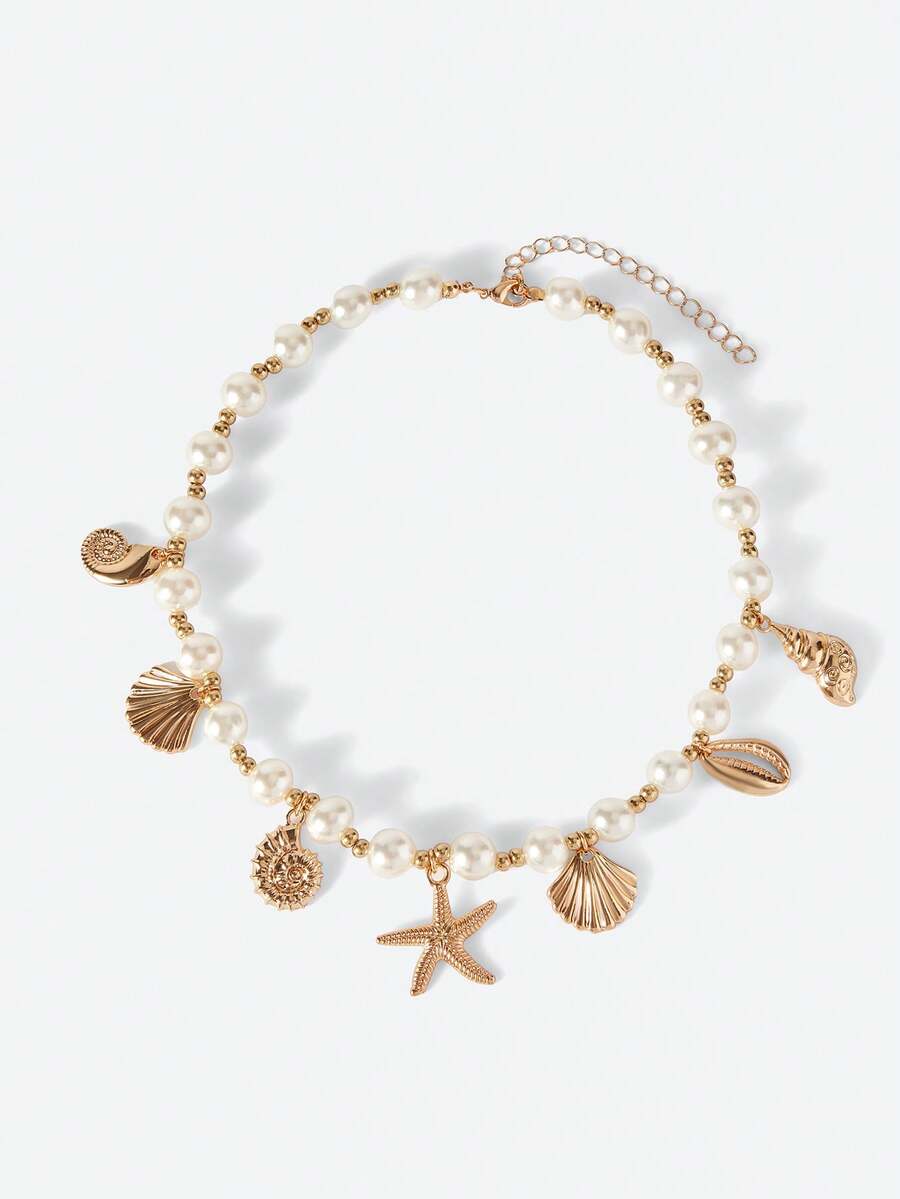 Opalesca 1pc Ocean Style Faux Pearl Beaded Pendant Necklace, Fashionable Women Necklace Suitable For Daily Wear, Beach Vacation And Photo Shoot