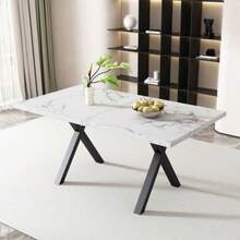 Dining Table, Design With Crossed Legs, Rectangular Dining Table, Coffee Table, Modern, Simple Wrought Iron Dining Table, L140*W80*H76cm, Marble Structure, Black And White [OLD SKU:N634P243975W] - White Marble - View 1