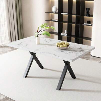 Dining Table, Design With Crossed Legs, Rectangular Dining Table, Coffee Table, Modern, Simple Wrought Iron Dining Table, L140*W80*H76cm, Marble Structure, Black And White [OLD SKU:N634P243975W]