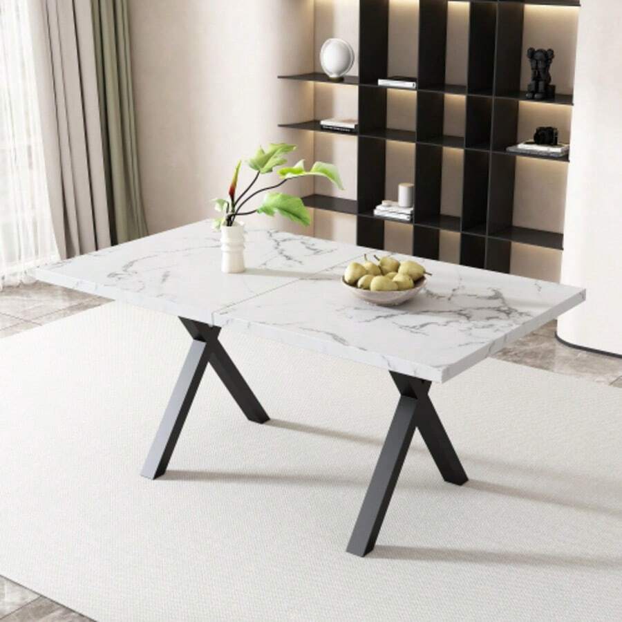 Dining Table, Design With Crossed Legs, Rectangular Dining Table, Coffee Table, Modern, Simple Wrought Iron Dining Table, L140*W80*H76cm, Marble Structure, Black And White [OLD SKU:N634P243975W] - White Marble - View 1