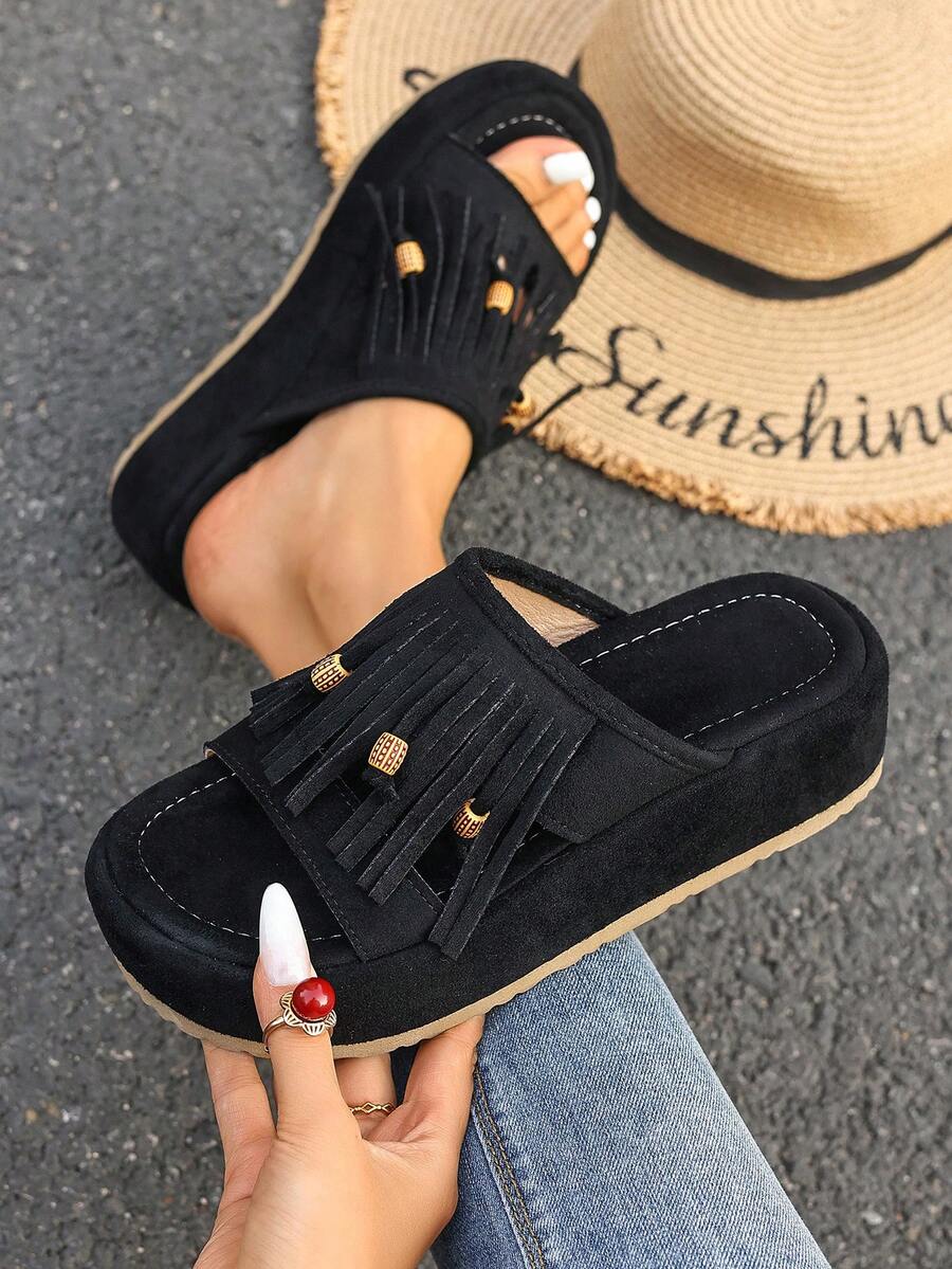 Women's Retro Fringe European & American Style Platform Mule Sandals - Black - View 1