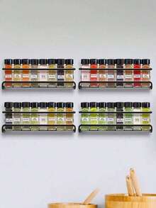 1 Or 2 Pieces Black/Silver Box Iron Spice Rack, With Two Installation Methods: No-Hole Adhesive And Screw Hole, Space-Saving Spice Jar Rack, Cabinet Door Wall Storage Herb Cabinet Wire Spice Rack Design, Suitable For Kitchen Drawer Door - Multicolor - View 2