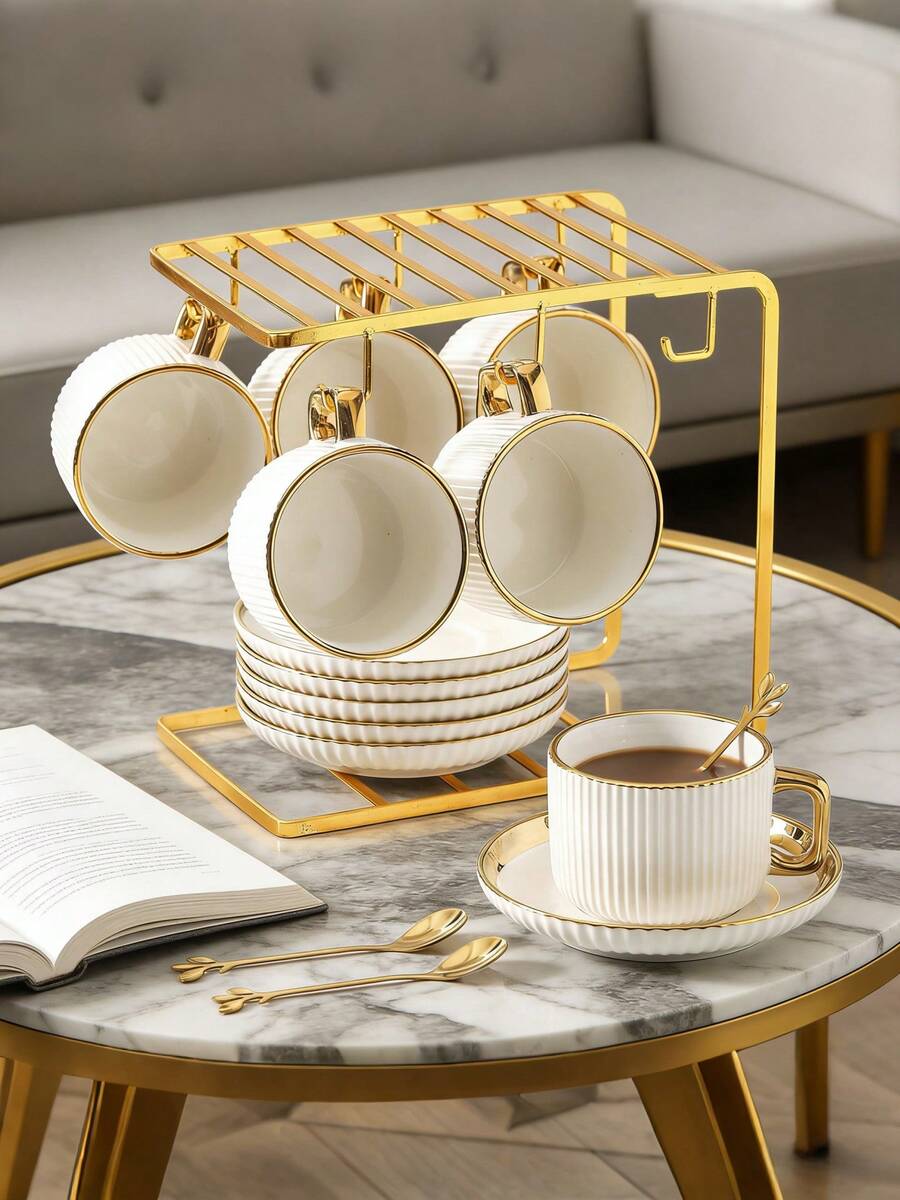 6 Set Of Luxurious Gold-Trimmed Ceramic Tea Set With Coffee Cup And Saucer, Dishwasher . Ideal For Home Kitchen, Table Decoration, Afternoon Tea, Coffee Drinking, Personalized Gifts, Kitchen Accessories, Ramadan, Parties, Birthdays, Weddings, And Dinner Parties.Valentines Gift For Him,Valentines Gift - White - View 1