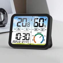 新款彩色温湿度计 - 空气监测器，带天气时钟，具备温差记忆、万年历和闹钟功能。精准追踪室内气候，是居家日常使用的理想之选。
