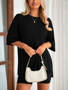 PRETTYGARDEN Women's Summer Clothes 2 Piece Sets Lounge Set Casual Oversized Shirts Biker Shorts Matching Airport Travel Sweatsuit Set Women Vacation Outfit Black Summer Brunch Outfits For Women - 黑色 - 查看 5