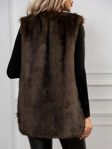 大码女士优雅仿皮草无袖长款背心，纯色常规款开衫背心，秋冬季大码仿皮草外套 - 咖啡棕 - 查看 6