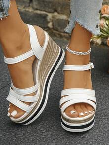 Große Größen 35-42 Sommer Neue Mode Dicke Sohle Hoch Plateau Keilsandalen, Alltag Outfit, Party, Hochzeit, Weiße Offene Zehe Dicke Sohle Keilsandalen für Frauen - Weißes PU - Übersicht 4
