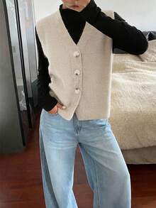 Women's Casual Solid Color V-Neck Long Sleeve Button-Up Knit Vest, Suitable For Spring And Autumn Outfits - Khaki - View 6