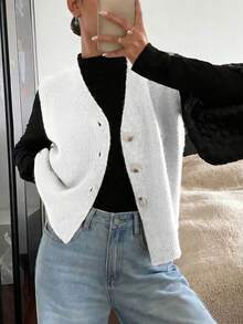 Women's Casual Solid Color V-Neck Long Sleeve Button-Up Knit Vest, Suitable For Spring And Autumn Outfits - White - View 5