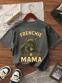 1件女士夏季休闲宽松圆领短袖T恤，斗牛犬、妈妈、英文字母印花 - 深灰色 - 查看 4