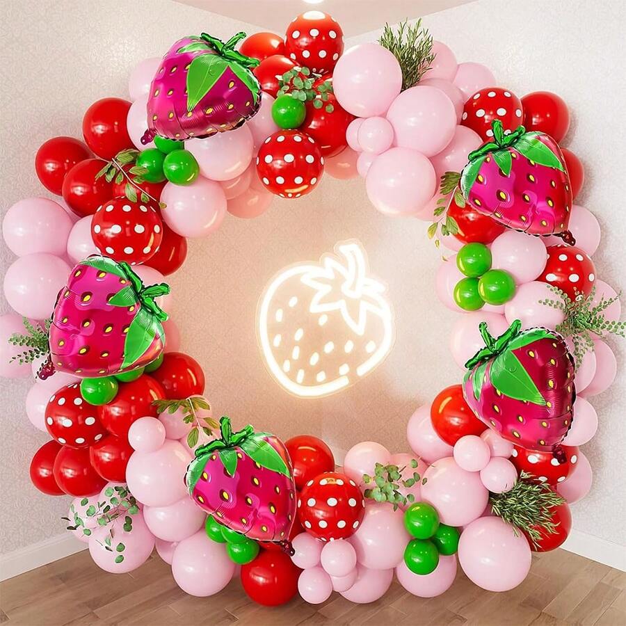 Kit de arco de balões com 133 peças, incluindo balões rosa e vermelhos com balão metalizado de morango, balão vermelho com bolinhas e balão verde para decoração de festa de aniversário de menina com tema de morango (primeiro aniversário/primeiro aniversário). - Multicolorido - Ver 1