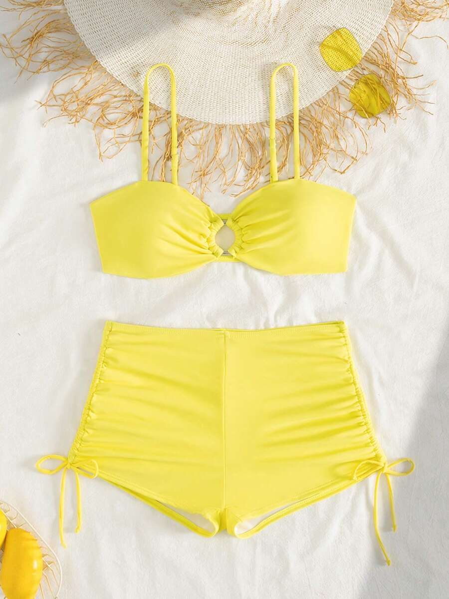 New Arrival Spring/Summer High-End Fashion Yellow Solid Color Travel Holiday Party Swimsuit 2 Pieces Set, Vacation Beach - Yellow - View 1