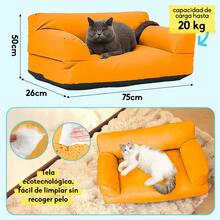 Sofá para Mascotas Vintage de Piel Sintética, Cama Elegante para Perros y Gatos, Base Antideslizante, Fácil de Limpiar, Grande (75x50x26cm), Naranja/Azul - Naranja - Ver 5