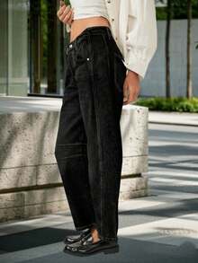 Womens Baggy Vintage Boyfriend Jeans Wide Leg Barrel Denim Pants Mid Rise Casual Ankle Jeans - 黑色 - 查看 4