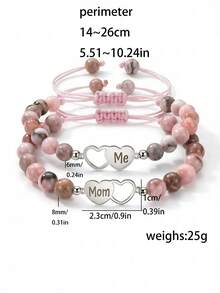 ZIRUISP 2pcs Mother Daughter Matching Bracelets - Pink Natural Stone & Stainless Steel Beads, Heart Mom & Me Charm, Long Distance Relationship Jewelry With Card, Mommy And Me Mother's Day Gift For Mom