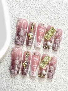 10Pcs French Manicure Style Handmade Press On Nail,Polygel Nail Set,3D Flowers,Champagne Sparkling Rhinestones Fake,Pink Nail Polish,Personality Style,Includes Nail Tools,3 Sizes Available,Almond,Duck,Coffin Nails For Party,Dance,Daily Wear. - 彩色 - 查看 18