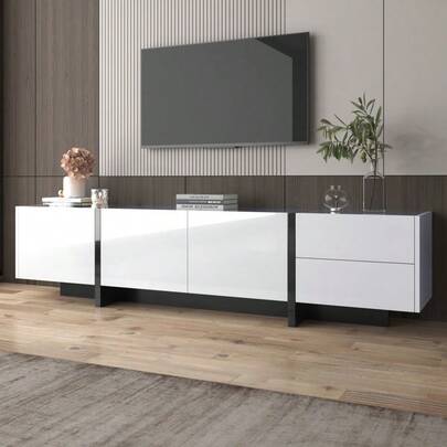 Minimalist Line High-Gloss White & Black TV Cabinet With Colorblocked Legs, Storage Doors (With Shelves) And Drawers