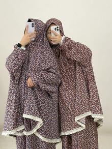 2pcs Set: Khimar + Abaya Floral Print Muslim Prayer Outfit, Pullover Long Robe Abaya Paired With Matching Printed Hijab Headscarf, Casual Outdoor Essential Fashion Item, Women's Abaya Robe, Muslim Hijab Dress