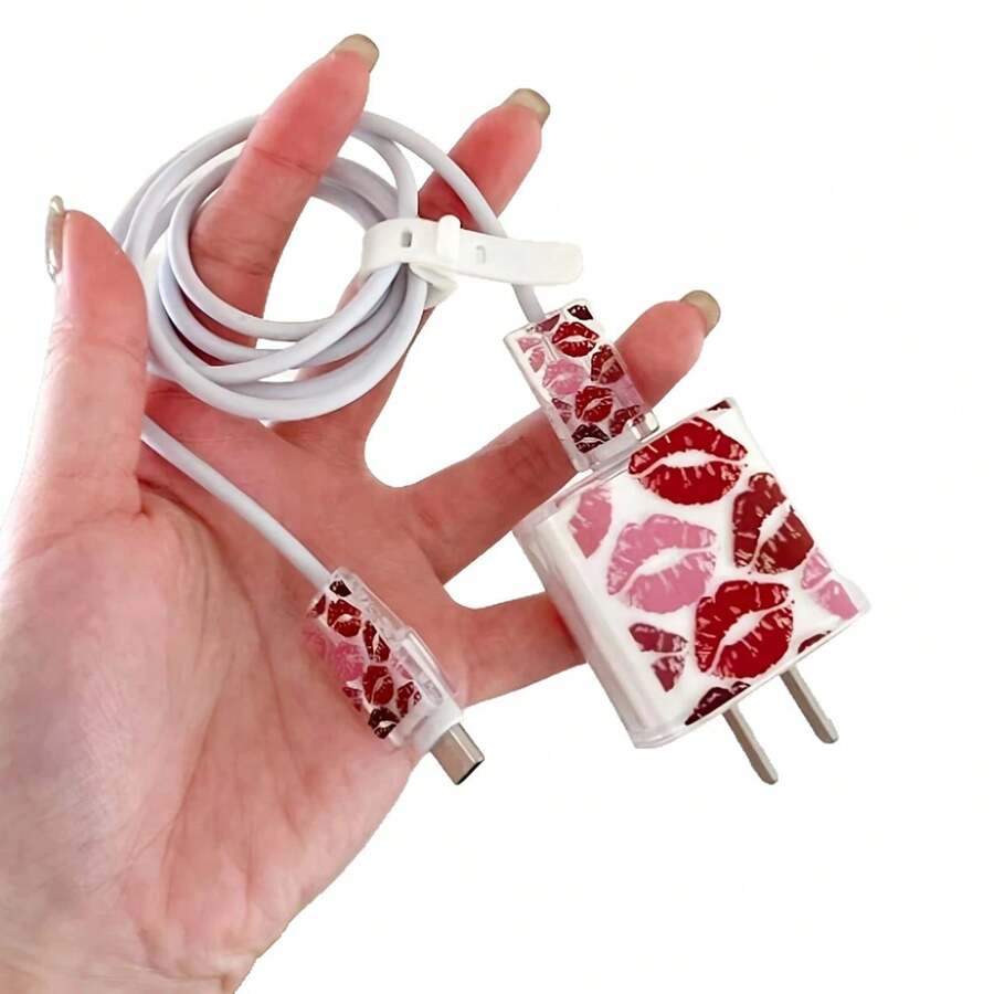 1 Set TPU Soft Case Protector Compatible With Apple Charging Cable & Adapter, Compatible With Apple 18/20W Charger Protective Cover To Prevent Breakage, Comes With Strap For Easy Storage - Red - View 1