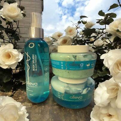 Kit banho Alleva Skin – Esfoliante + Geleia Hidratante + Body Splash Escolha sua fragrância